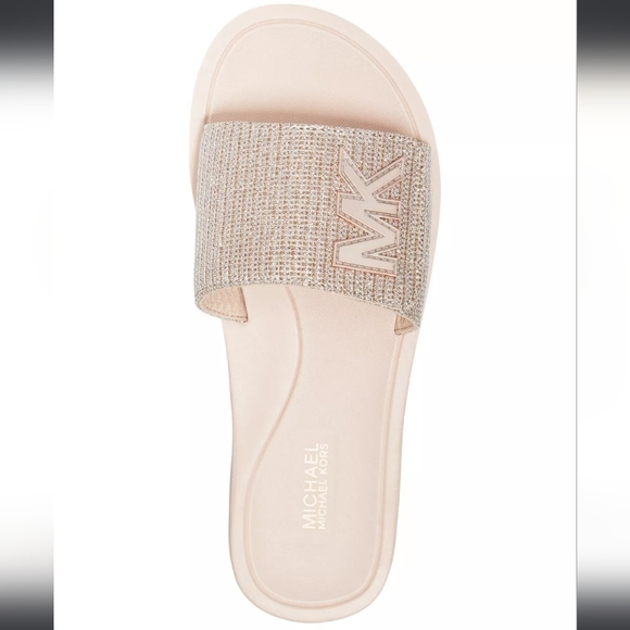 Michael Kors MK Logo Rhinestone Pool Slide Sandals White Gold - Picture 3 of 6